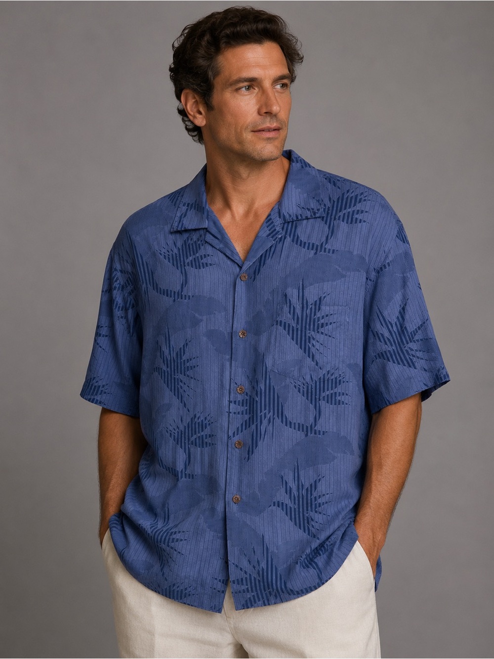 Tommy Bahama Men’s M 100% Silk Blue Tropical Palm Camp Shirt Hawaiian